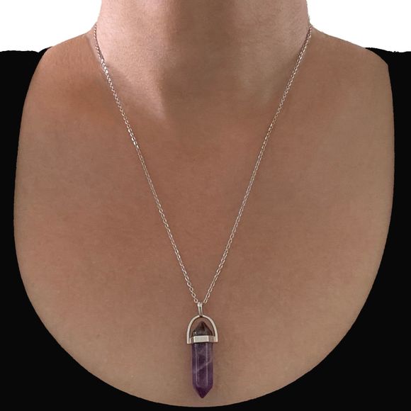 Purple Gemstone Pendant Necklace with Silver Plated Cable Chain Layering Jewelry - Picture 6 of 7